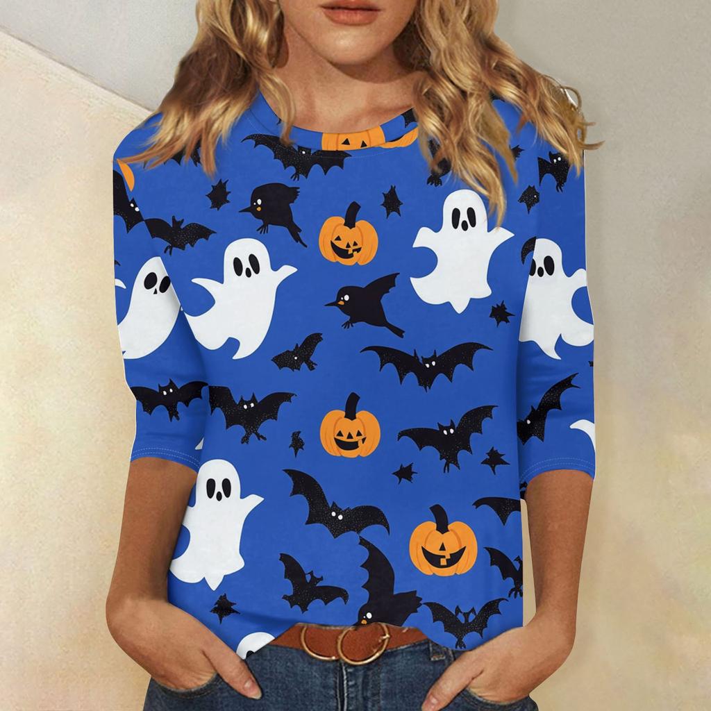 Damenmode Lässig Dreiviertelärmel Halloween-Print Rundhals-Top
