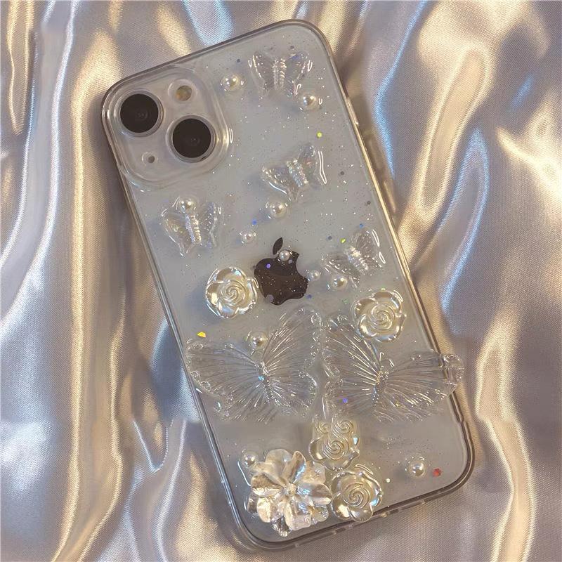 Korean Ins Style Flower Butterfly Mobile Phone Case for IPhone17promax Glue for Apple 16 Transparent Pearl