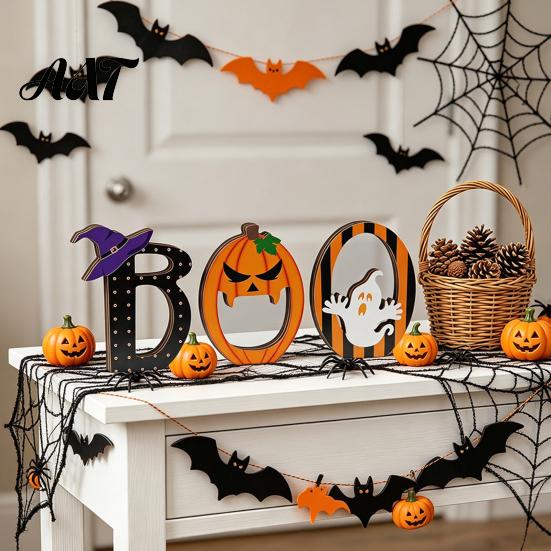 Halloween Desktop Ornament Decor Wooden BOO Ornaments for Tabletop Tiered Tray Decor, Solid Wood Signs Creative Letter Decorations Festive Holiday