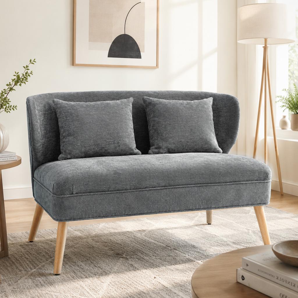 2 Seater Sofa Small Chenille Sofa With Wing Back Thick Seat Rubber Tree Wood Feet Gray