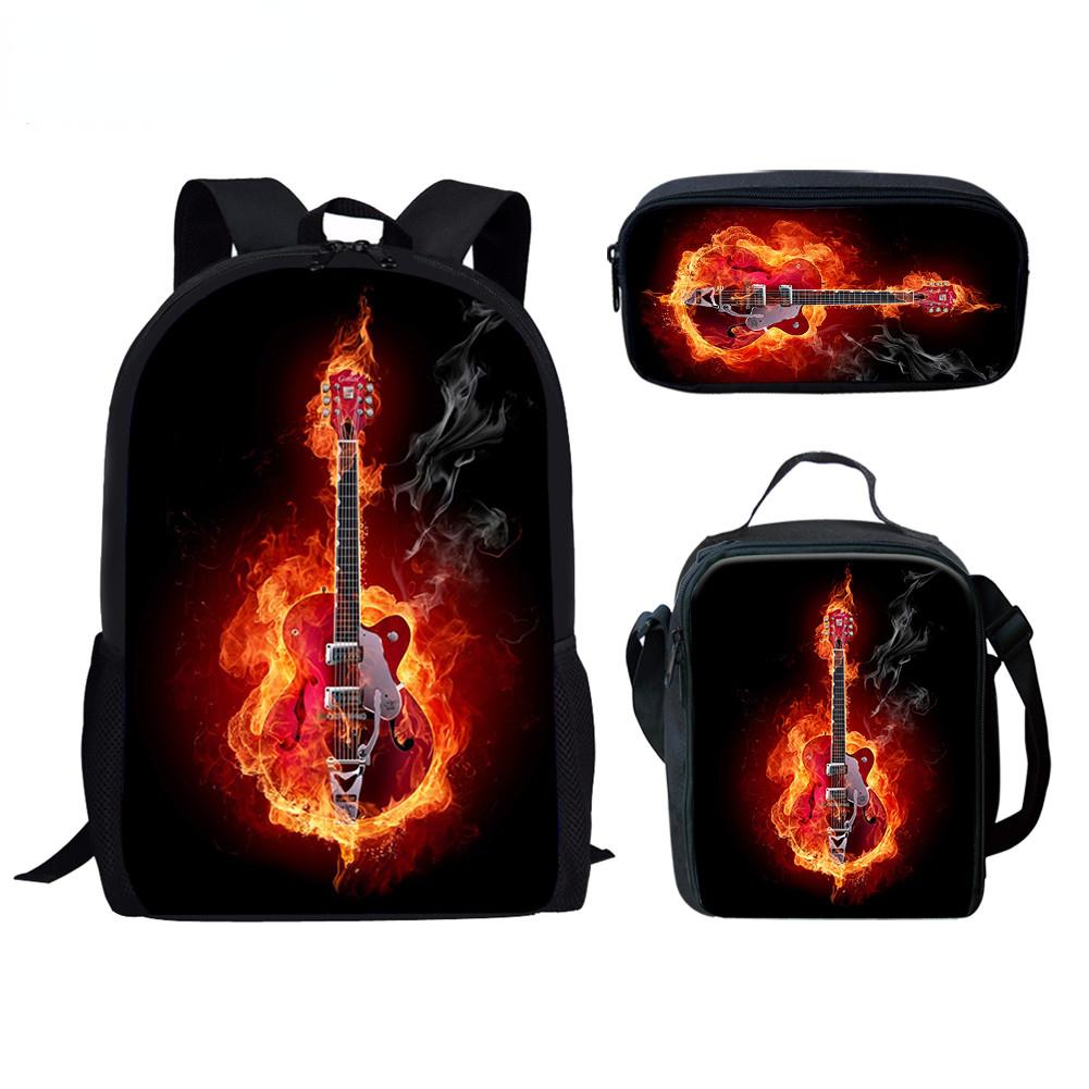 Zaino Scuola per Bambini Zaino per Laptop Zaino Giornaliero Borsa Pranzo Astuccio Musica Chitarra Stampa 3D Novità Divertente Cool di Lusso 3pz/Set