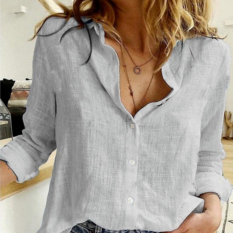 Nadměrná velikost Móda Jaro Podzim Dámské Ležérní Halenka Cardigan Len Košile s dlouhým rukávem Kancelář Dámy