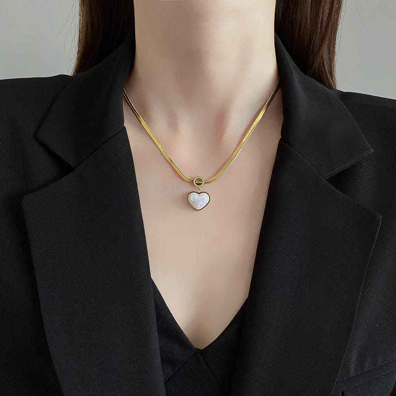 XIXI Waterproof 18K Gold Plated Stainless Steel Heart Pendant Flat Snake Chain Necklace Earrings Fashion Jewelry Sets for Women
