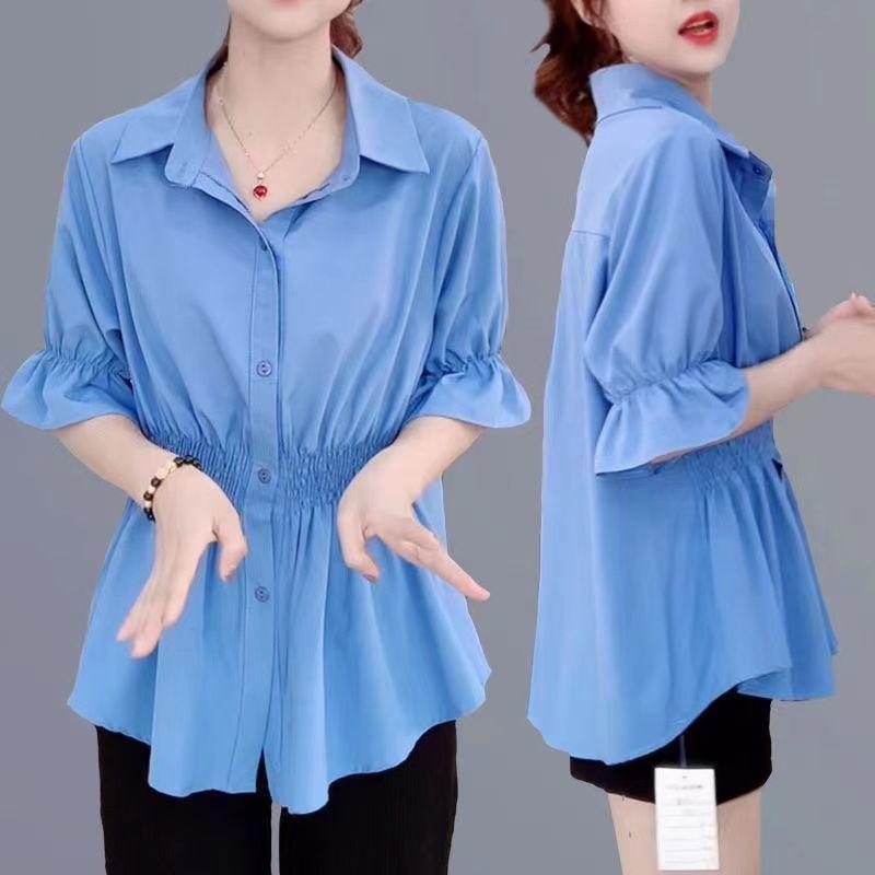 Summer Polo-neck Solid Color Elegant Fashion Waist Shirt Women Short Sleeve Shirring Blouse Female Cardigan Top