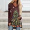 Ladies' Fashionable Casual Christmas Printed T-shirt Long Sleeved V-neck Mid Length Top