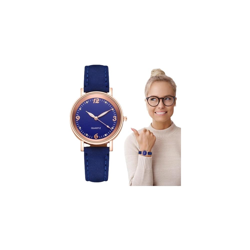 Women's Leather Watch Gold Round Dial Rhinestone Decoration Easy-to-Read Face Leather Strap