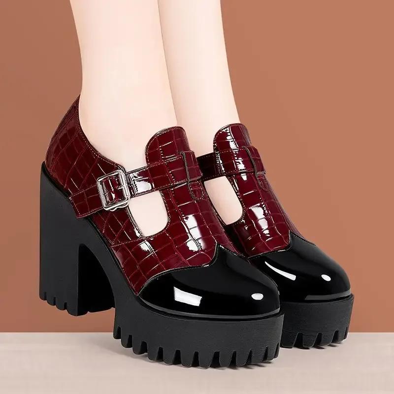 10cm Kleine Größe 32-42 Tiefer Ausschnitt Glattes Leder Mary Janes Damen Plateau Pumps 2025 Herbst Block Hohe Absätze Schuhe Büro Modell