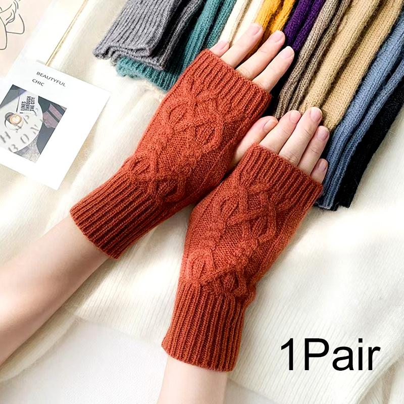 1Pair Women Winter Warm Gloves Soft Fingerless Long Polyester Solid Color Warmer Mittens
