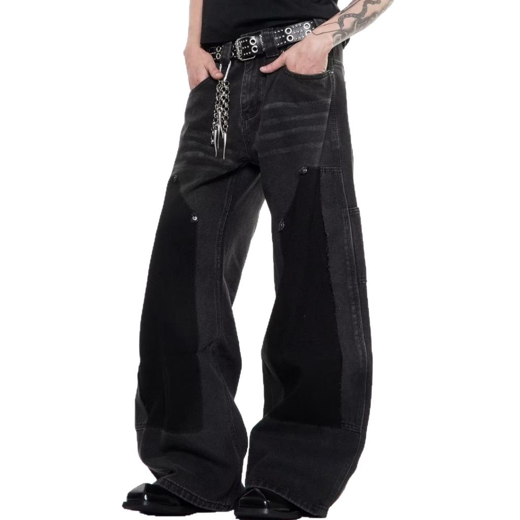American retro primary color jeans men's and women's design sense niche ruffian handsome tooling loose casual straight wide-leg pants