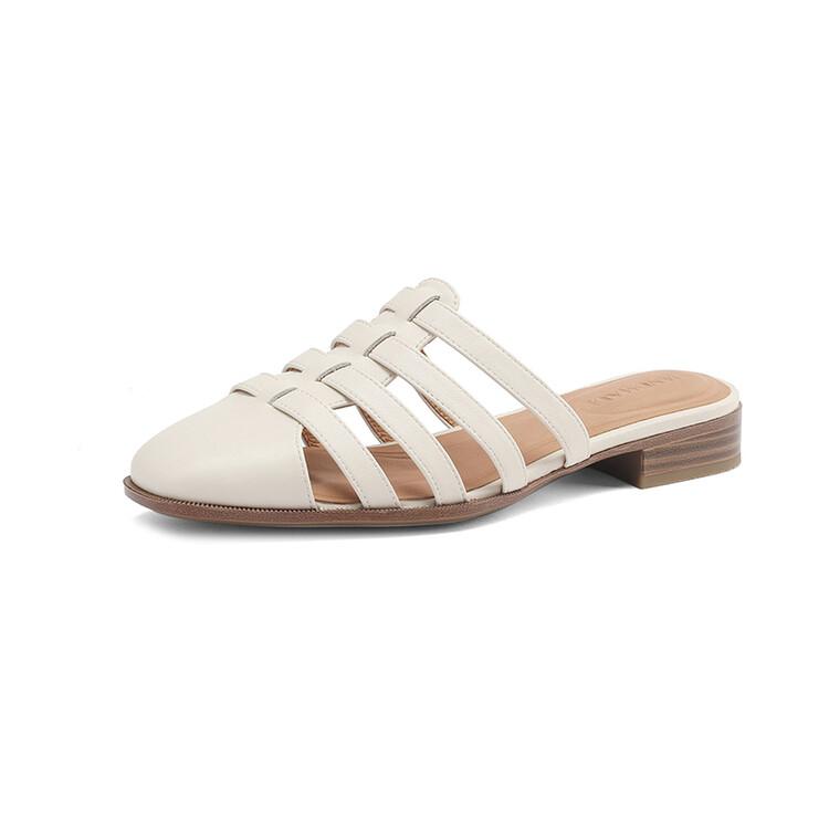 Fashion 2025 New Summer Shoes Women Square Toe Shoes for Women Split Leather Women Slippers Low Heels Mules Handmade Gladiator Shoes