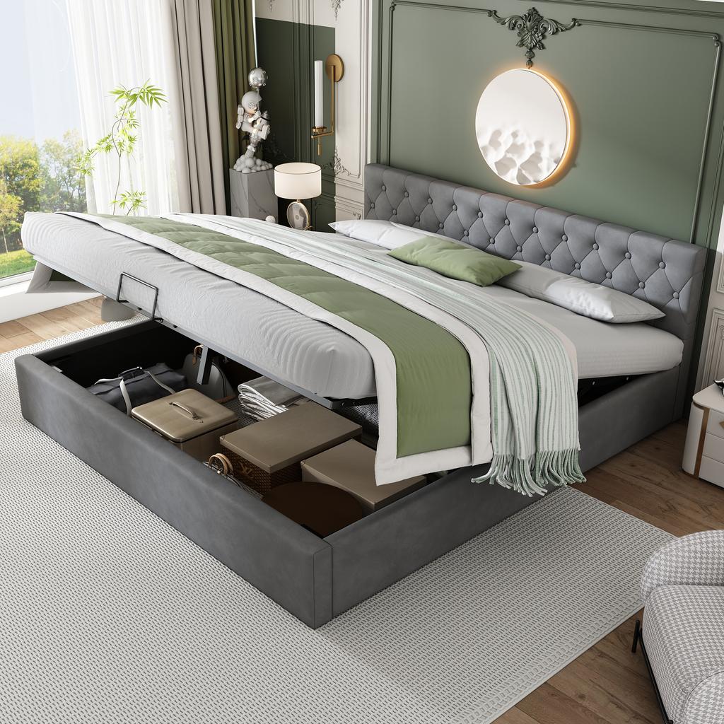 Velvet Upholstered Bed, 180*200cm, Buttoned Headboard, Double Bed, Hydraulic Bed with Storage, Slatted Frame, Gray[OLD SKU:29775960AAH]
