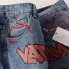 Men's Lightning Embroidery Denim Shorts, Dark Hip Hop Street Loose Knee Length Shorts With Graffiti Letter