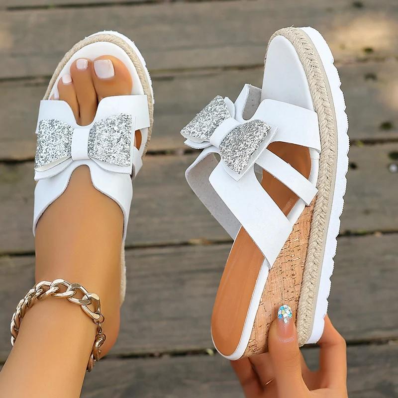 Fashion Shiny Bow Decor Wedge Sandals for Women Summer 2025 Fashion White Platform Slippers Woman Thick Sole Non Slip Beach Slides 36-42