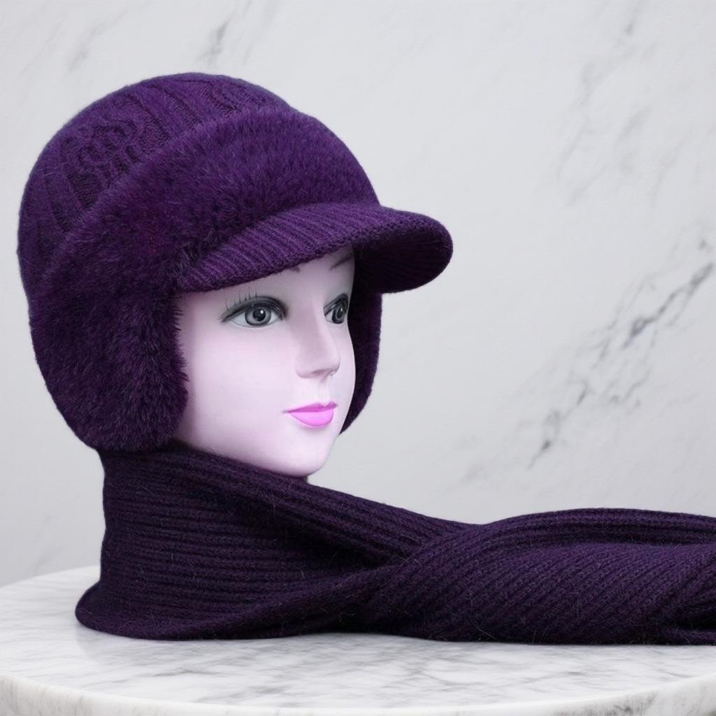 Women's Mink Velvet Winter Hat & Scarf Set - Warm Knitted Duckbill Cap with Ear Protection for Middle-Aged & Elderly.