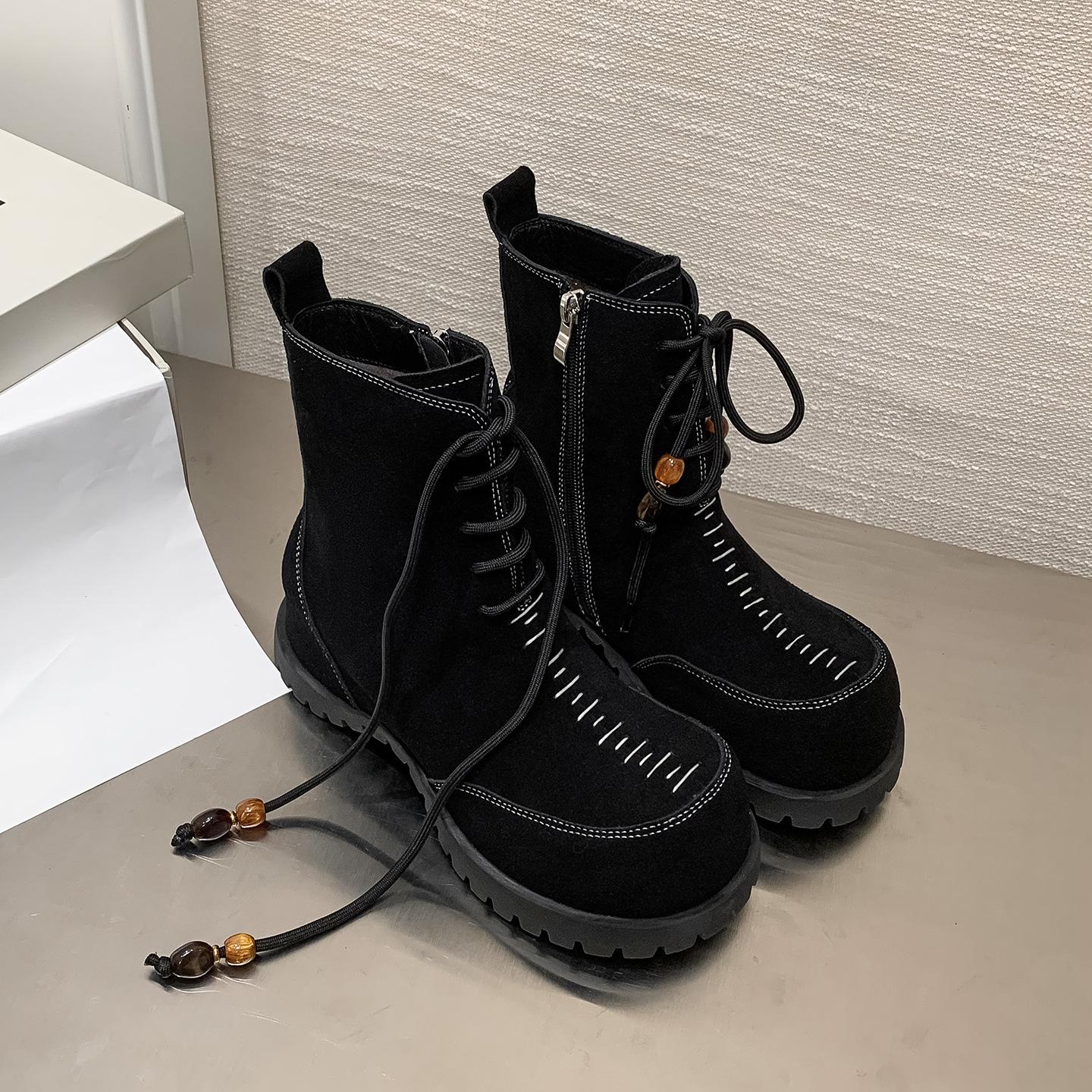 

5CM British style fashion lace-up Martin boots 2025 autumn and winter new round head flat bottom inner height increase small short boots versatile 40