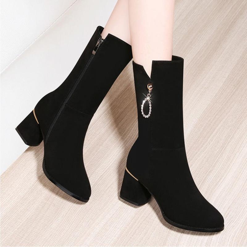 Black Middle Heel Rhinestone Ladies Mid Calf Shoes Autumn Winter Fleece-Lined Hot Fashion 2025 On Offer Women's Half High Boots