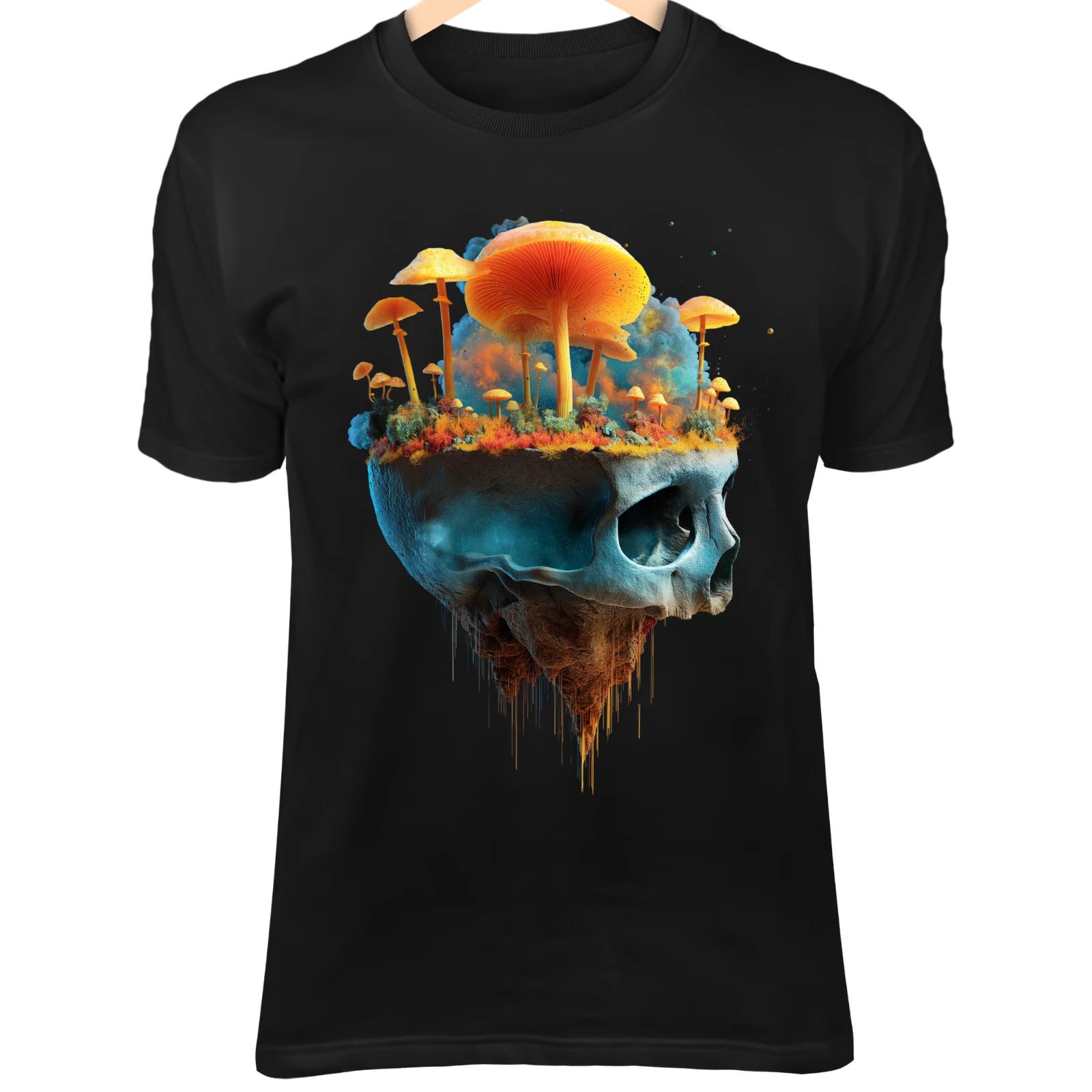 Surreal Skull Mushrooms III T-Shirt – Floating Island, Cosmic Nebula Art Tee M