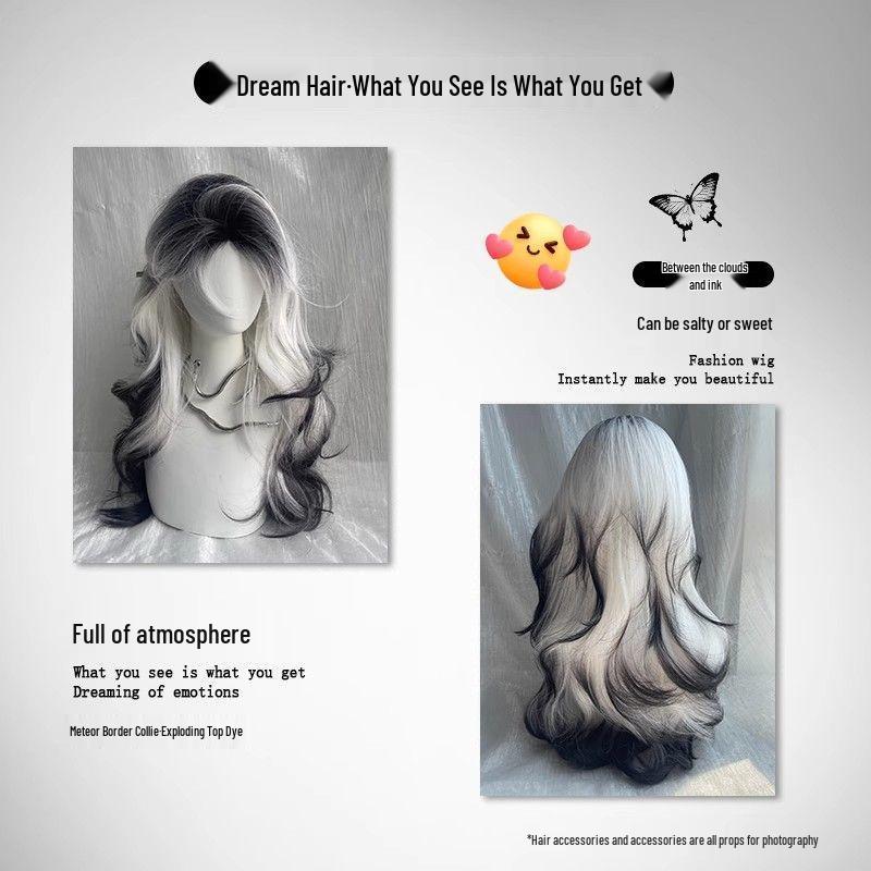 Ink In the Clouds: Black & White Gradient Long Curly Wig with Middle Part