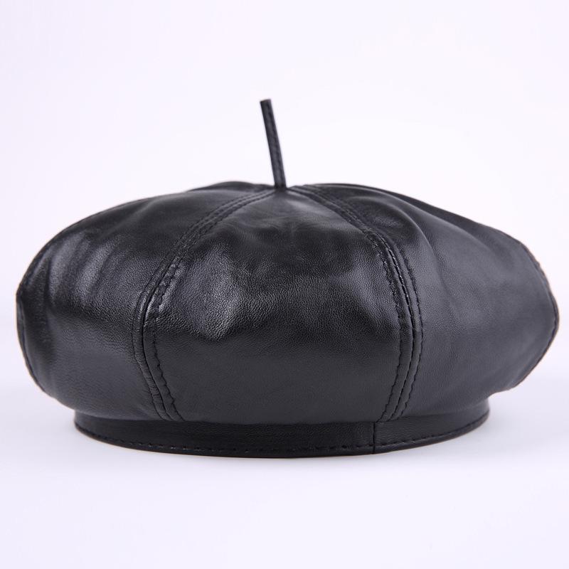 Women's Genuine Sheepskin Octagonal Beret - Korean-Style Celebrity Leather Hat for Autumn/Winter