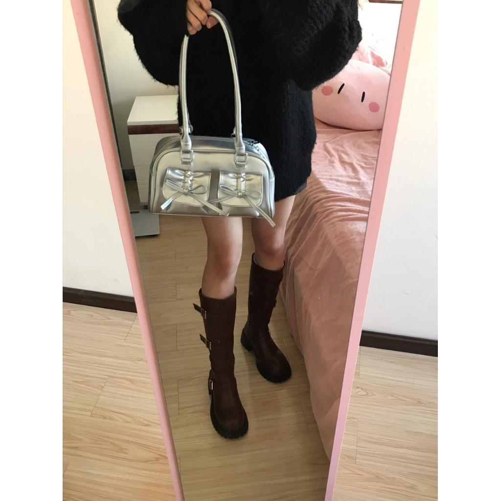 IELGY Niche Silver Bowknot Underarm Bag High-End Feeling Out Street Portable Pillow Bag Fashion Commuter