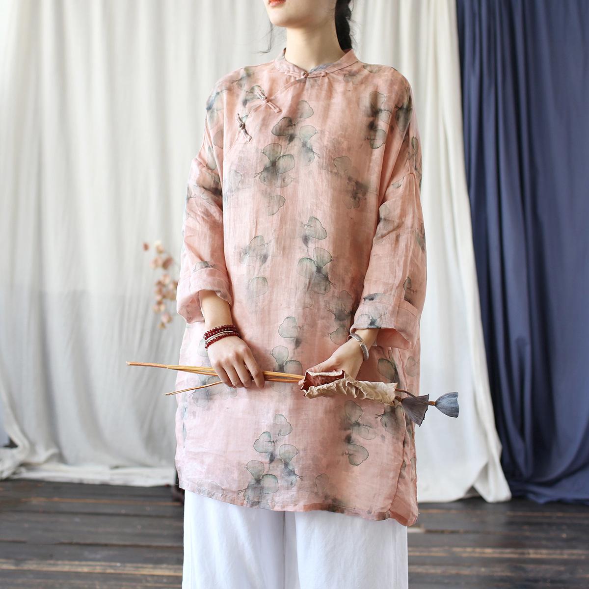 

Johnature Vintage Stand Long Sleeve Shirts For Women Print Floral Tops Autumn Loose Chinese Style Female Shirts One Size