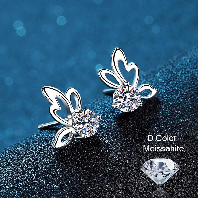 D Color Moissanite 925 Sterling Silver Butterfly Stud Earrings for Women Wedding Anniversary Zircon Party Fine Jewelry Gift