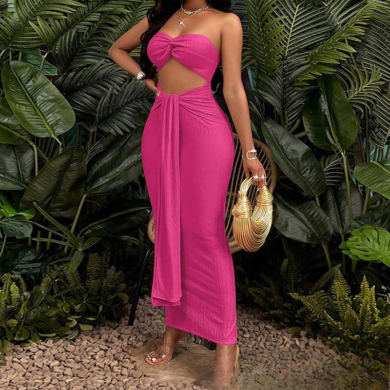 Europäisches und amerikanisches Sommer-Einfarbiges Kleid mit Schlitz, trägerlos, rückenfrei und mit freiem Bauchnabel