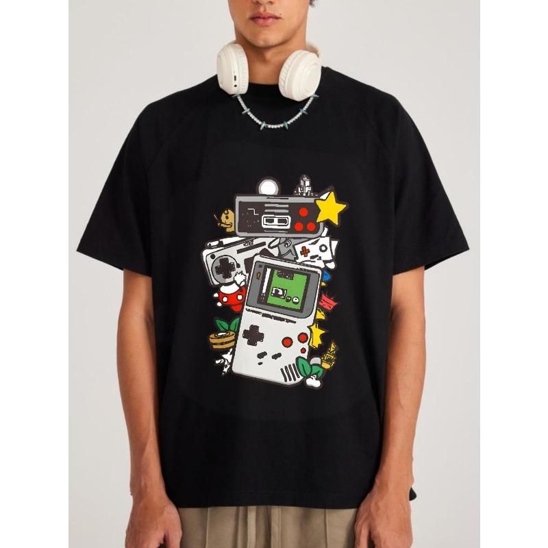 Black T Shirt Retro Gaming Console Print Casual Streetwear Top for Men and Women