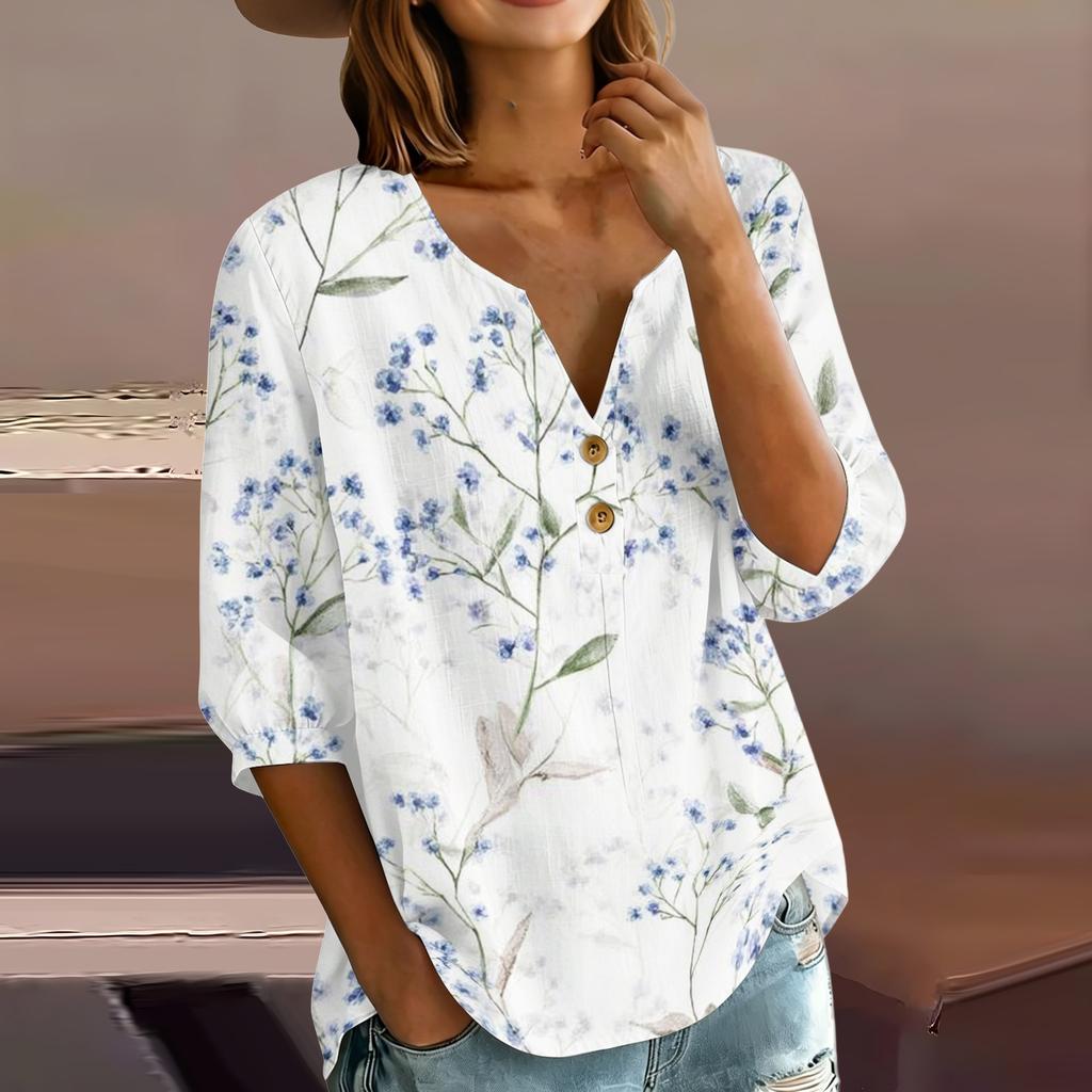 Women’s Casual Floral Print Henley Neck Cotton Linen Shirt Three Quarter Sleeve Button Front Loose Fit Blouse Top