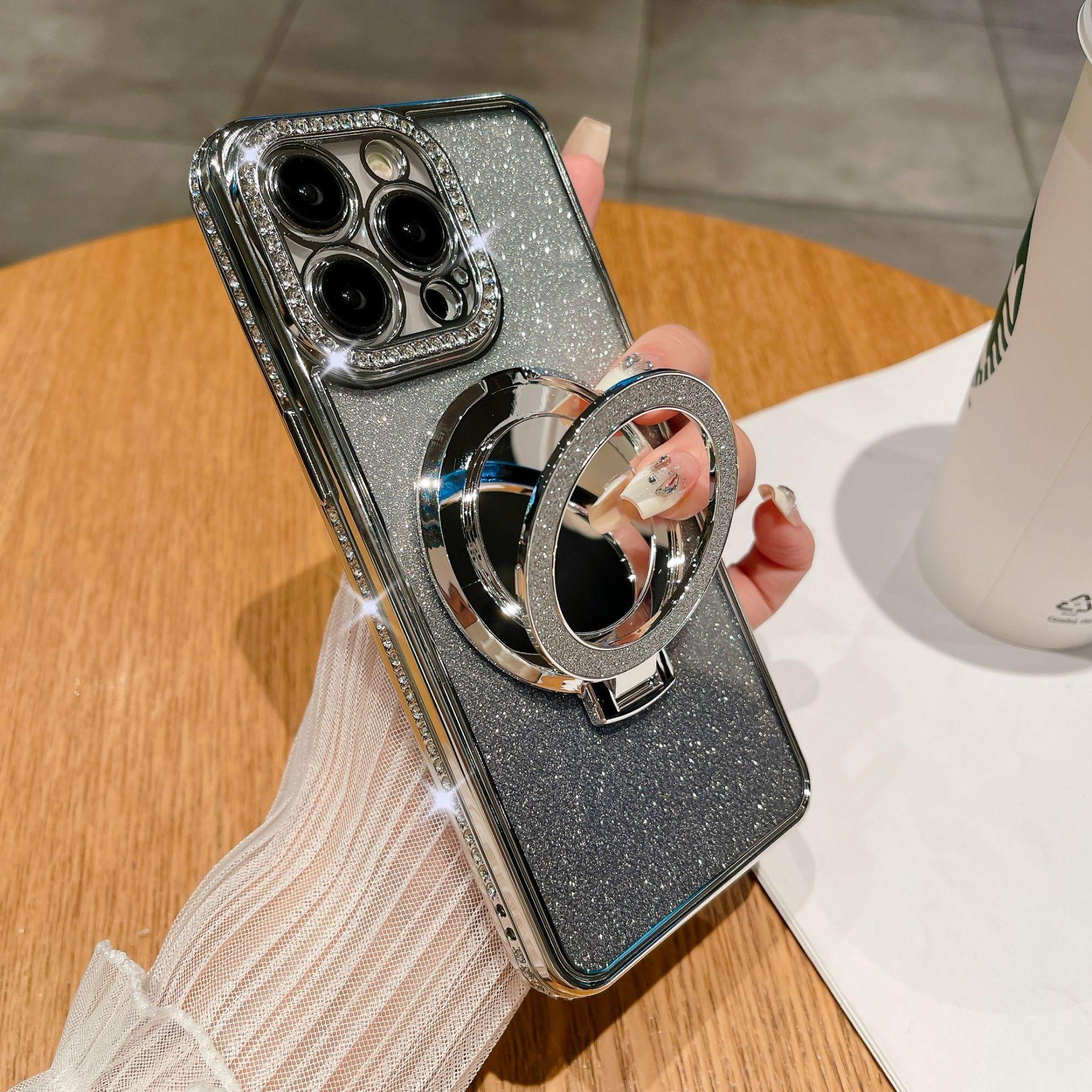 

For iPhone 15 Pro Max PC Kickstand Magnetic Phone Cover TPU Phone Case Shell with Acrylic Mirror Silver