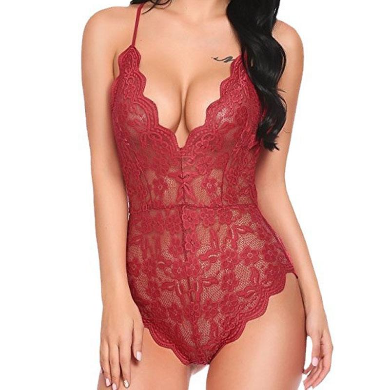Sexy Women Bodysuits Lace Sling Perspective Lingerie Deep V-Neck Bodysuit