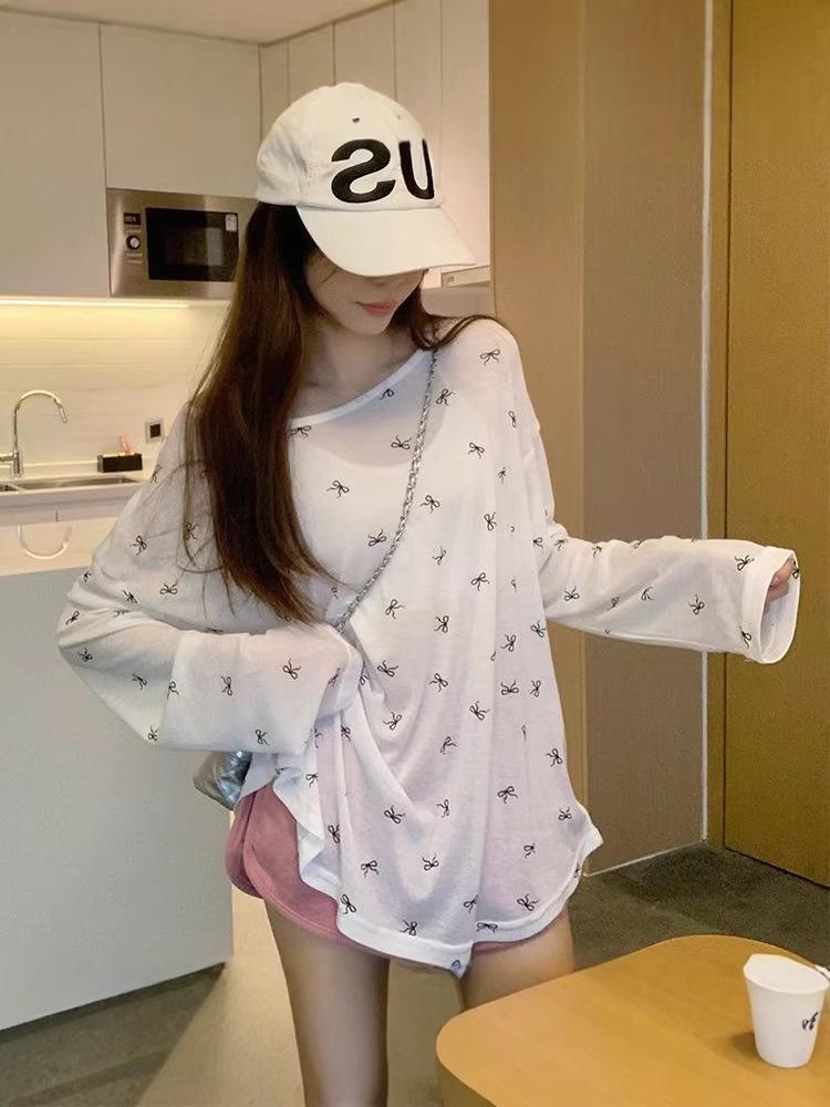 Women's Sheer Bow Print Long Sleeve Sun Protection Top - Spring/Summer Casual Cover-up