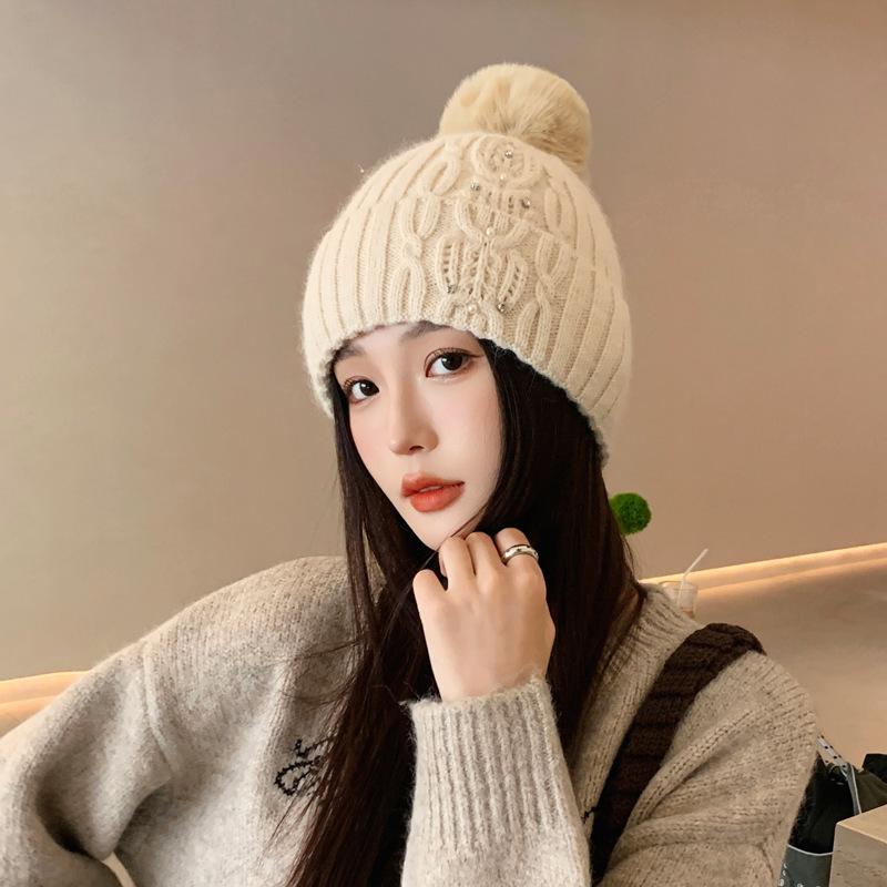 Cold and Warm Hairball Knitted Hat Women Outdoor Windproof Velvet Versatile Ear Protector Wool Hat Winter New