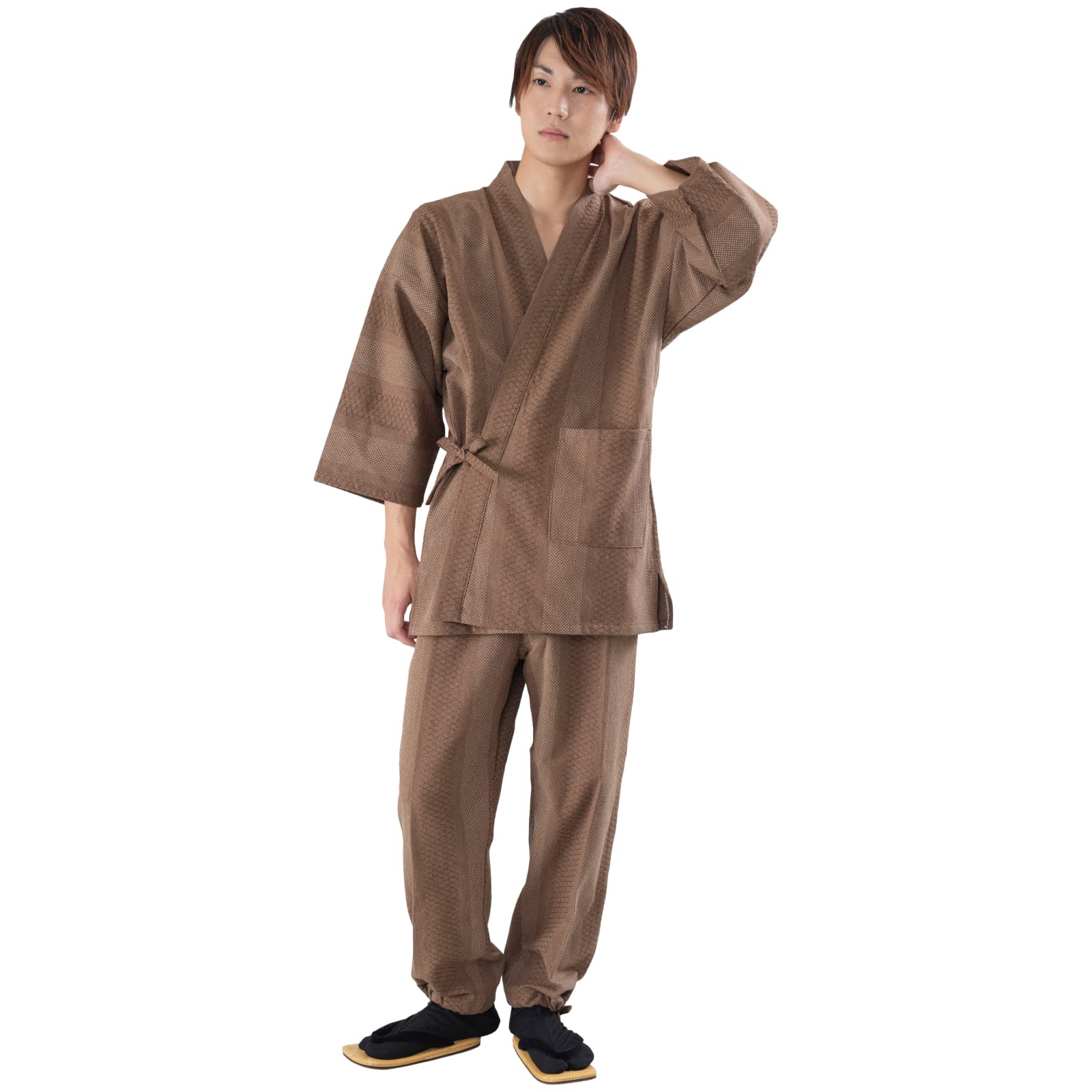 

[Ai Ai] Samue (Work Clothes) Enshu Dyed Dobby Sashiko Medium. A stylish samue with a chic pattern (M, Brown).