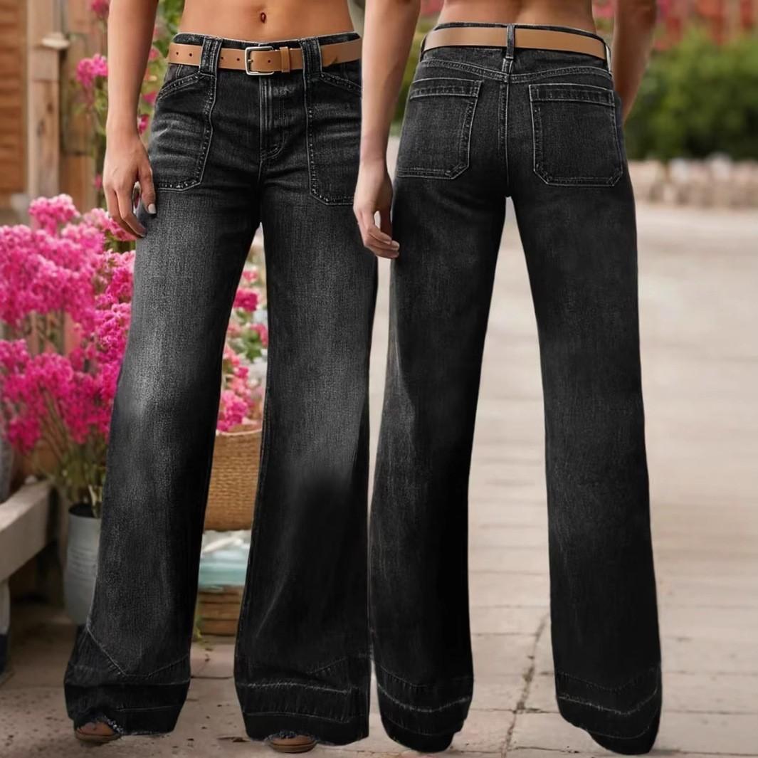 Women S Straight Leg Denim Jeans Mid Waist Slim Fit Casual Pants S чёрный