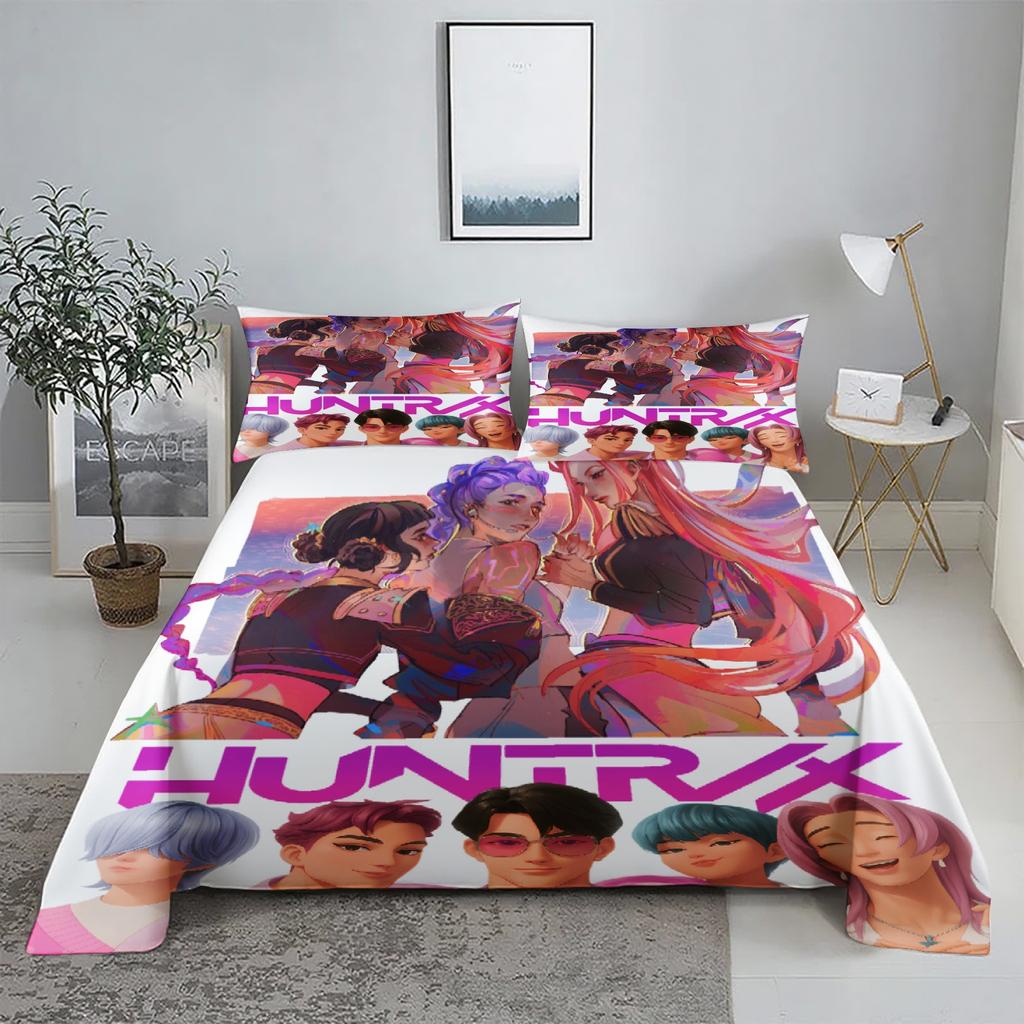 Golden Demon Hunters K-pop Bed Sheet Set 3D Printed Bed Flat Sheet With Pillowcase Bed Linen King Queen Size