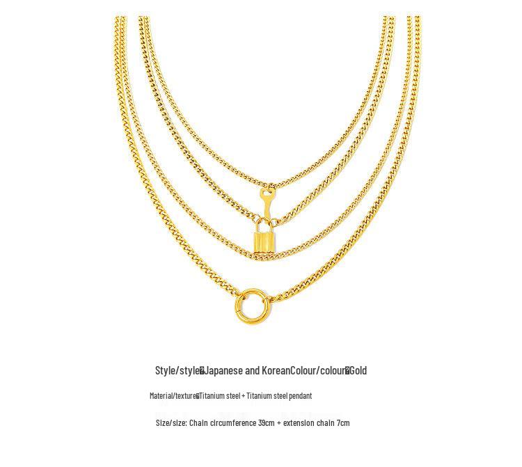 Women's Retro Multi-layer Necklace with Round Ring & Heart Lock Charm - Thick Clavicle Chain Accessory
