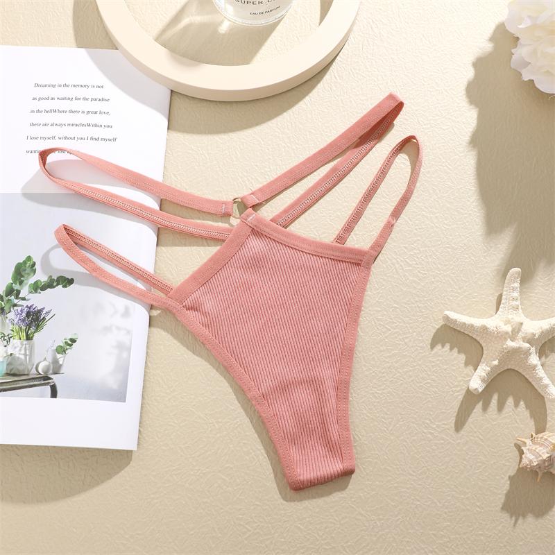 FINETOO 4-teilige Unterwäsche aus Baumwolle mit doppeltem, dünnem Gürtel für Frauen, sexy, niedrige Taille, gestreifte Tangas, einfarbige Damenhöschen, atmungsaktive Dessous
