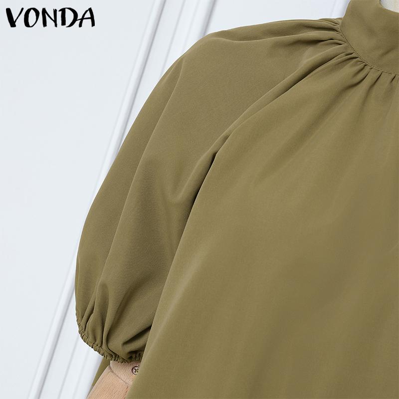 VONDA Women Stand Neck Back Bow Knot Short Sleeve Ruffled Hem Midi Dress