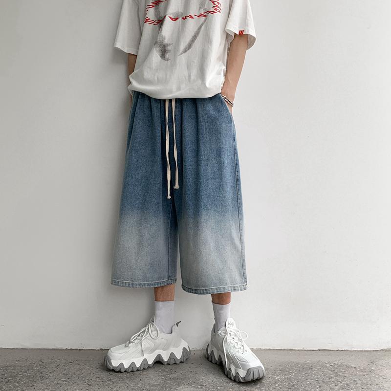 2023 Summer New Casual Calf-length Men's Jeans Pants Harajuku Elastic Waist Solid Color Baggy Jeans For Man