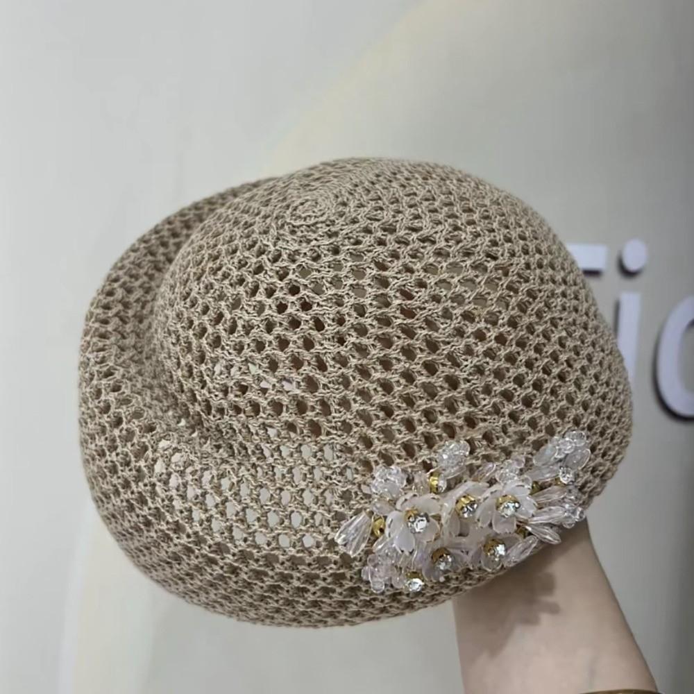 French Floral Painter hat Korean Women Knit Fabric Cap Chic Hollow Out Beret Summer