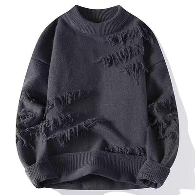 Maglione Invernale da Uomo Girocollo Distressed - Tinta Unita, Manica Lunga, Strato Base Ispessito