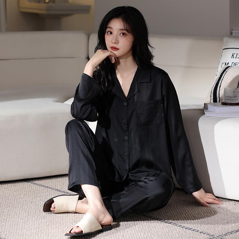 Ice silk pajamas women's 1011 new long-sleeved suit simple casual silk can be worn outside cool loungewear