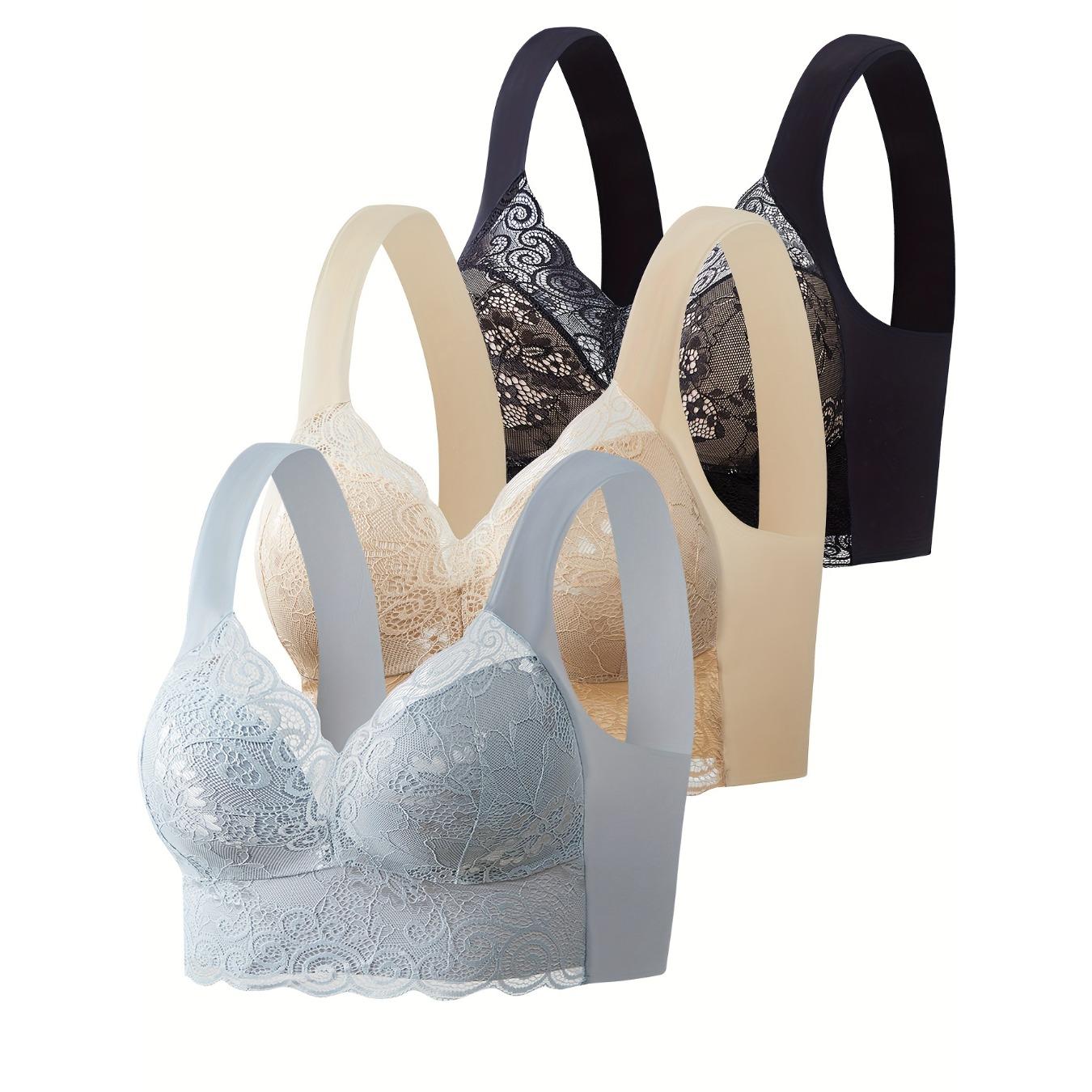 

3 шт. контрастные кружевные бюстгальтеры без косточек, удобный и элегантный бюстгальтер с широкими бретелями с отделкой фестонами, женское нижнее белье и нижнее белье