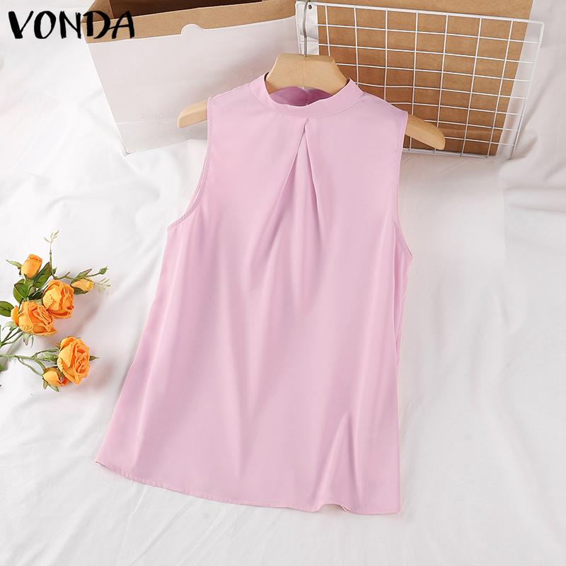 

VONDA женская летняя однотонная свободная майка без рукавов с круглым вырезом и складками