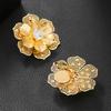 Trendy Exaggerated 2-layer Metal Flower Clip On Earrings for Women Retro Dimensional Hollow Zircon Earrings Statement Jewelry