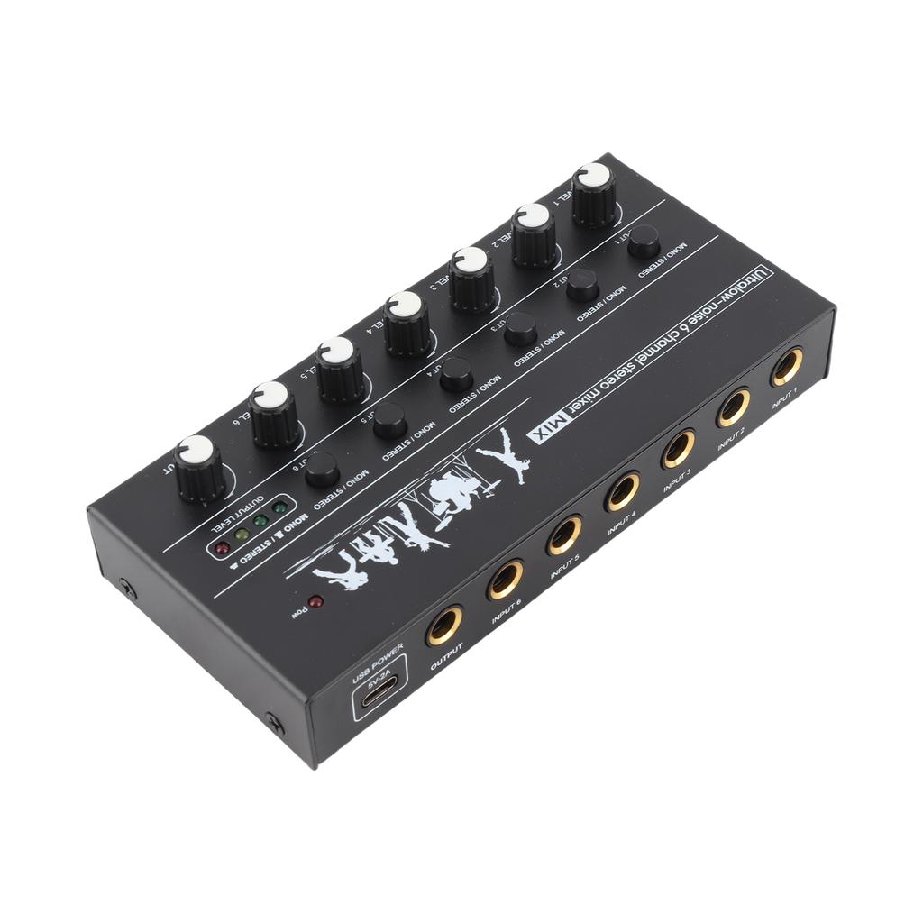 6 Channel Audio Mixer Stereo Line Mixer Metal Shell USB Type C Power Supply for Guitar Bass Keyboard Stage 6.35mm Mono