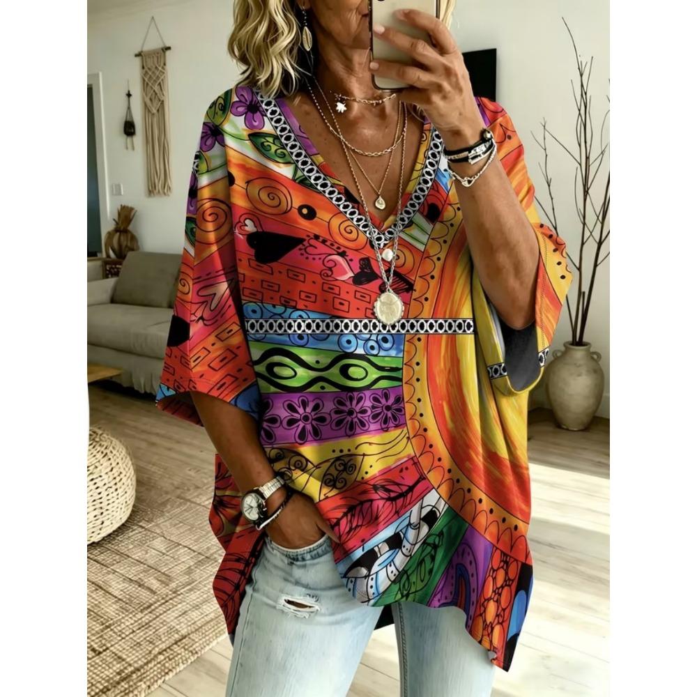 Plus size women's simple patchwork leopard pattern print V-neck top three-quarter sleeves loose plus size casual daily T-shirt