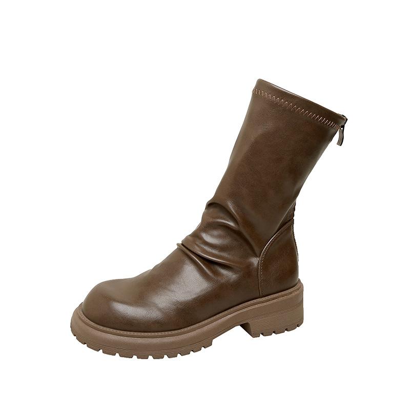 Cowhide Model of the Same Style, Thick Heel, Thick Sole, Thin Boots, Round Head, Folded Back Zipper, Stacked Short Boots, Women's Genuine Leather.