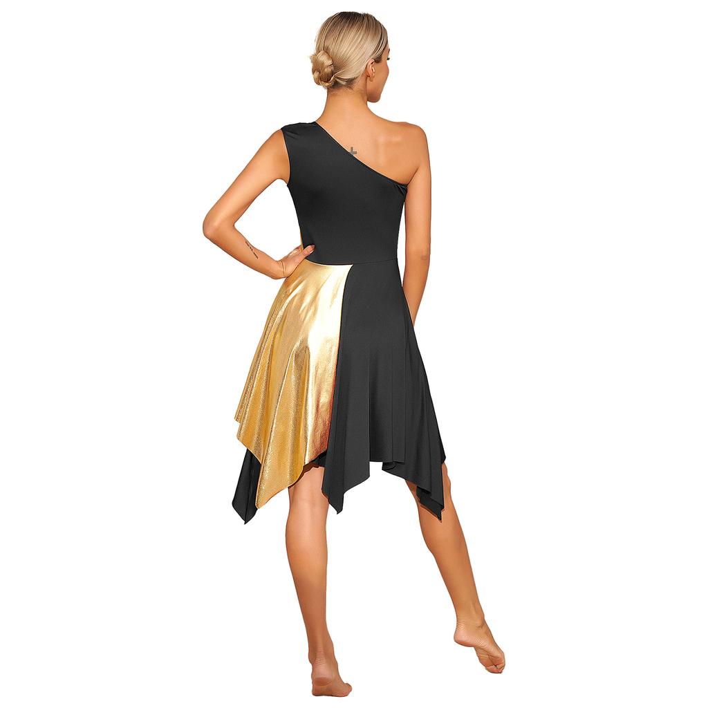 Womens Metallic Worship Praise Dance Dress Color Block One Shoulder Irregular Hem Sleeveless Dresses Performance Costume